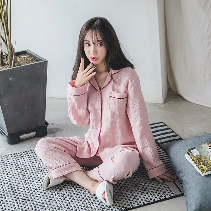

Pijama Feminino New Spring Autumn Comfortable Pajamas Women's Double-Layer Mesh Casual Warm Suit Cardigan Lapel Solid Color