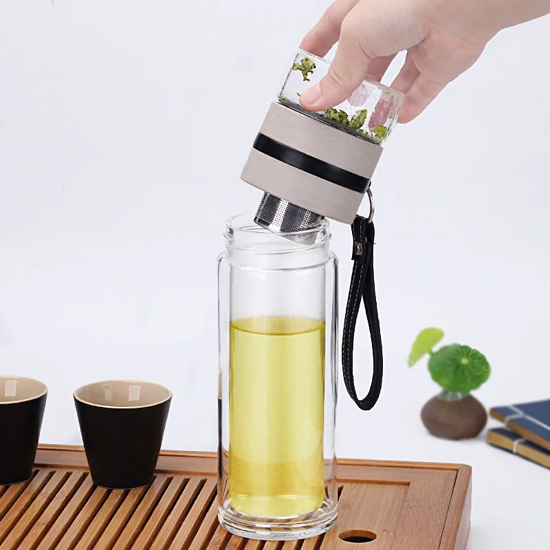 325ml Glass Water Bottles for Dink Tea with Infuser Double Wall Bottle for Water Brief Portable Outdoor Travel Beige & Black