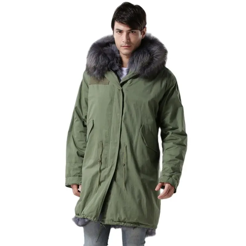 Casaco de pele de luxo masculino com guarnição, totalmente Fox Fur Parka, casaco quente, verde exército, comprimento longo, inverno