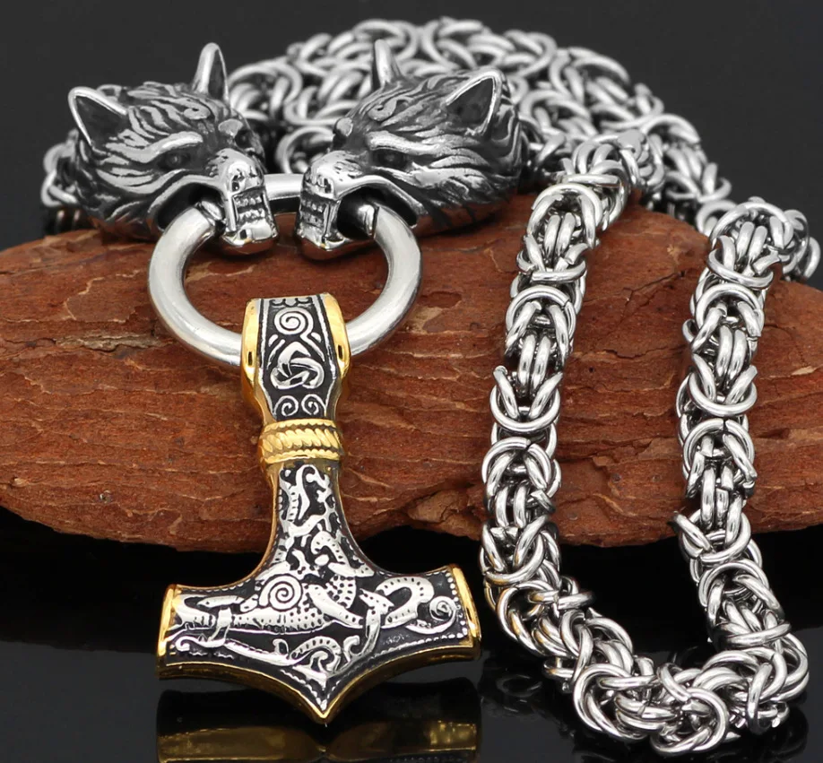 6mm Punk Gold Color Thor Hammer Nordic Viking Wolf Pendant Men Women Stainless Steel Sweater Braided Keel Chain Necklace Jewelry