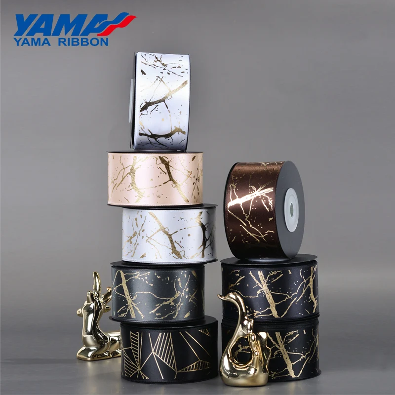 YAMA Ribbon 10yards/roll 38 mm Gold Foil Printed Satin Ribbons DIY Crafts Gifts Packaging Fashion Wedding Decoration