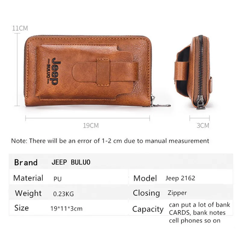 JEEP BULUO-cartera de mano de cuero para hombre, monedero de marca para teléfono, doble cremallera, de lujo, de gran capacidad