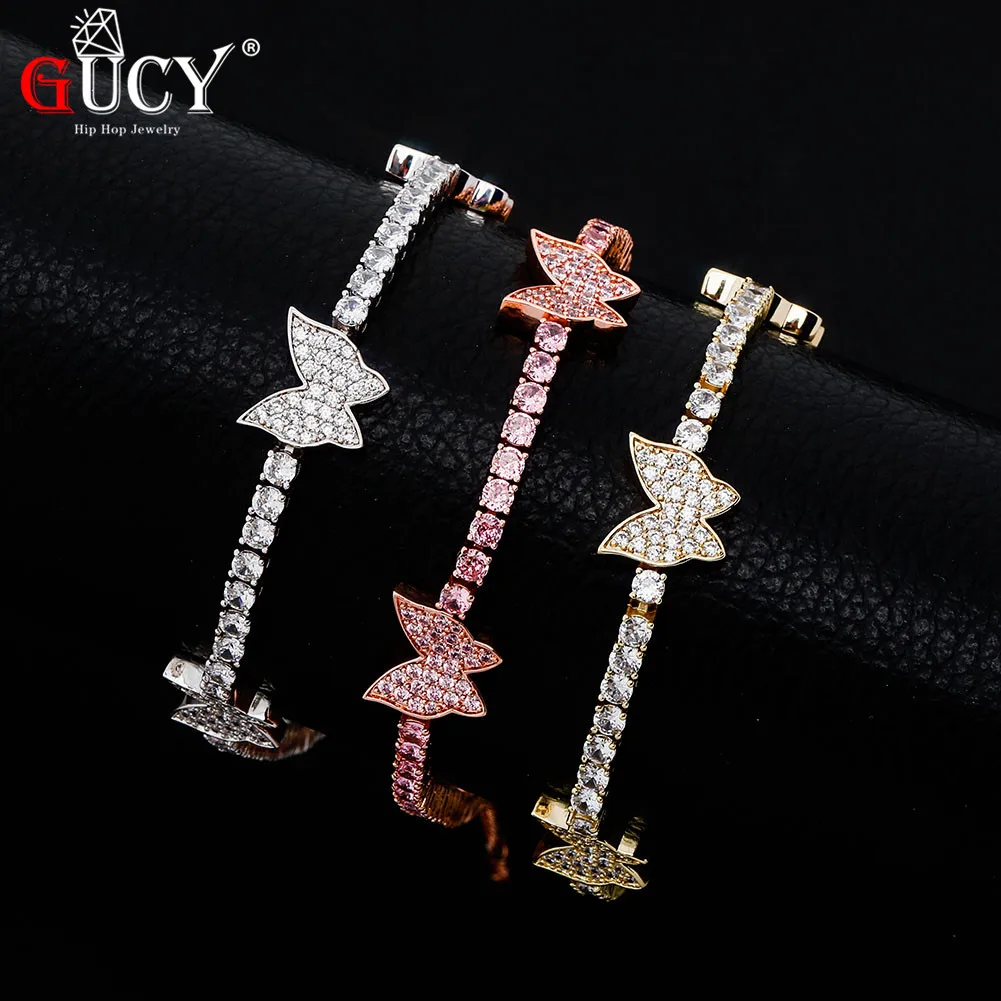 GUCY Butterfly Pendant 3mm 1 Row Tennis Anklets Chain Hip Hop Jewelry Fashion Women Feet Link Adjustable For Gift