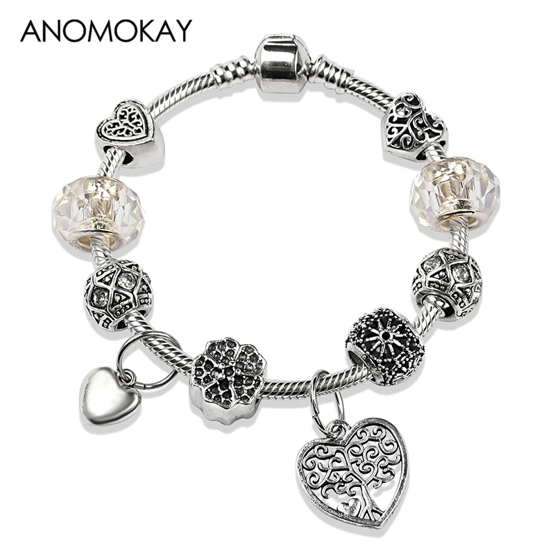 2019 New Sporty Style Antique Silver Color Tree of Life Charm Bracelet White Crystal Heart Diy Bead Bracelet Casual Jewelry