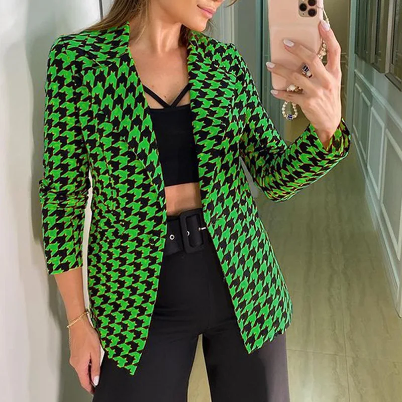 2022 Autumn New Women's Jacket Small Suit Houndstooth Suit Fashion Casual Lady Single Button Jacket Top Fall Jacket for Women