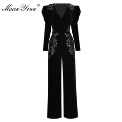 MoaaYina Spring Summer Designer Jumpsuits Women's V-neck Long sleeve Gold Line Embroidery Velvet Jumpsuits