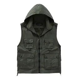 Versatile Photographer Men Hooded Vest Waterproof Mesh Vest Men Gilet Sleeveless Jackets with Big Pocket Spring Summer Clothes