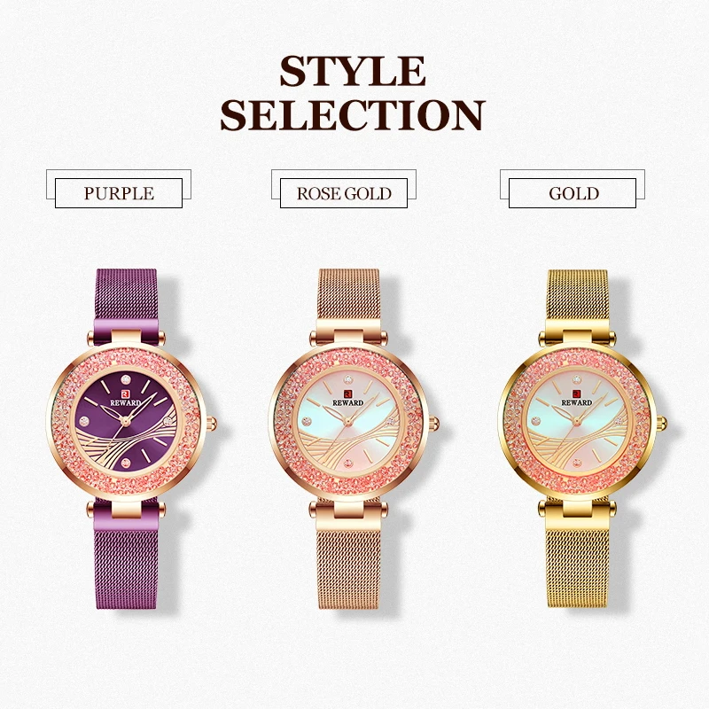 REWARD Rotation Diamond Fashion New Women Watches Glowing Dial Mesh Strap Quartz Japan Movement Waterproof Wristwatches