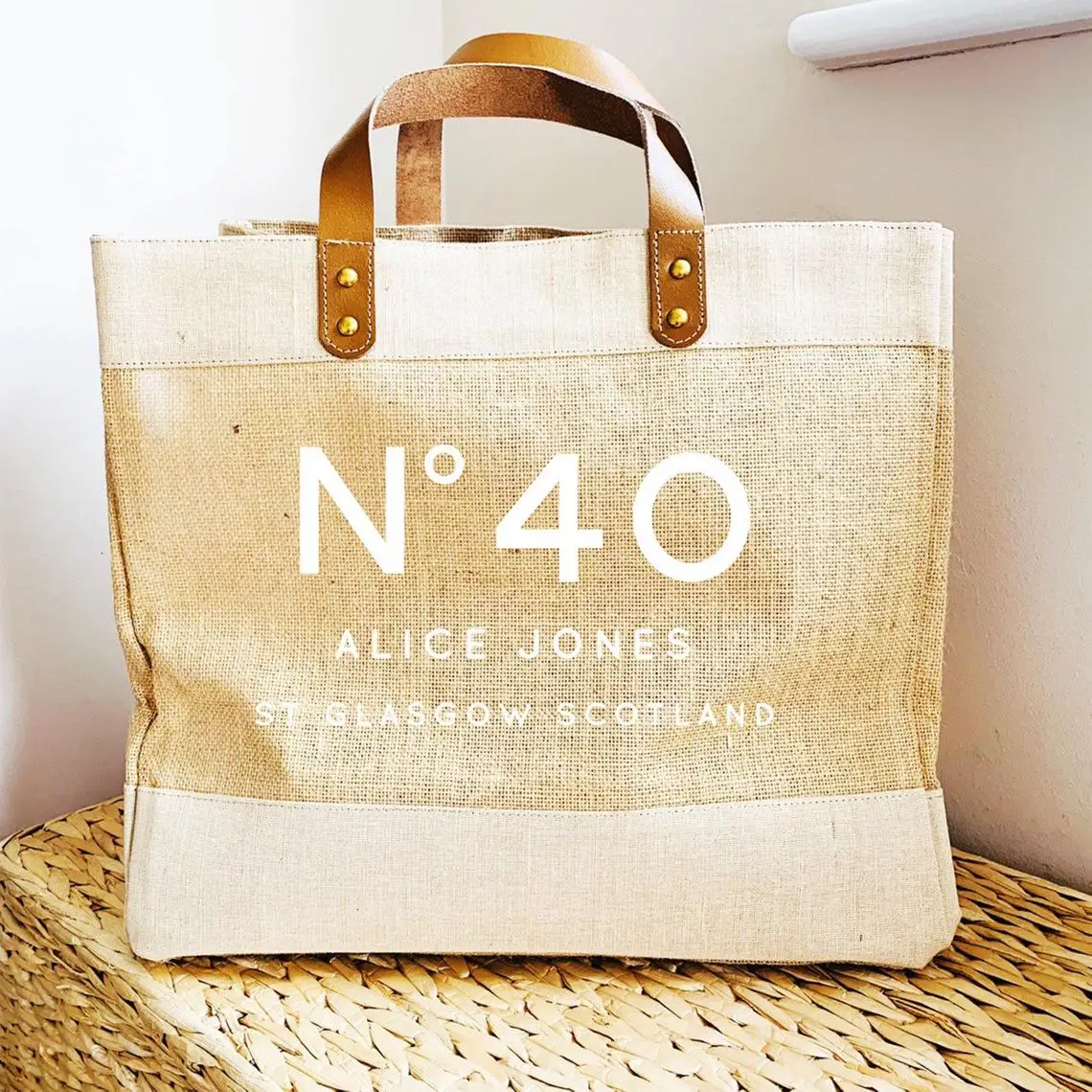 Personalised Name Text Number 40th Birthday Gift Burlap Tote Bags, Custom Shopping Bag Beach Bag Gift ideas for Her Jute Shopper