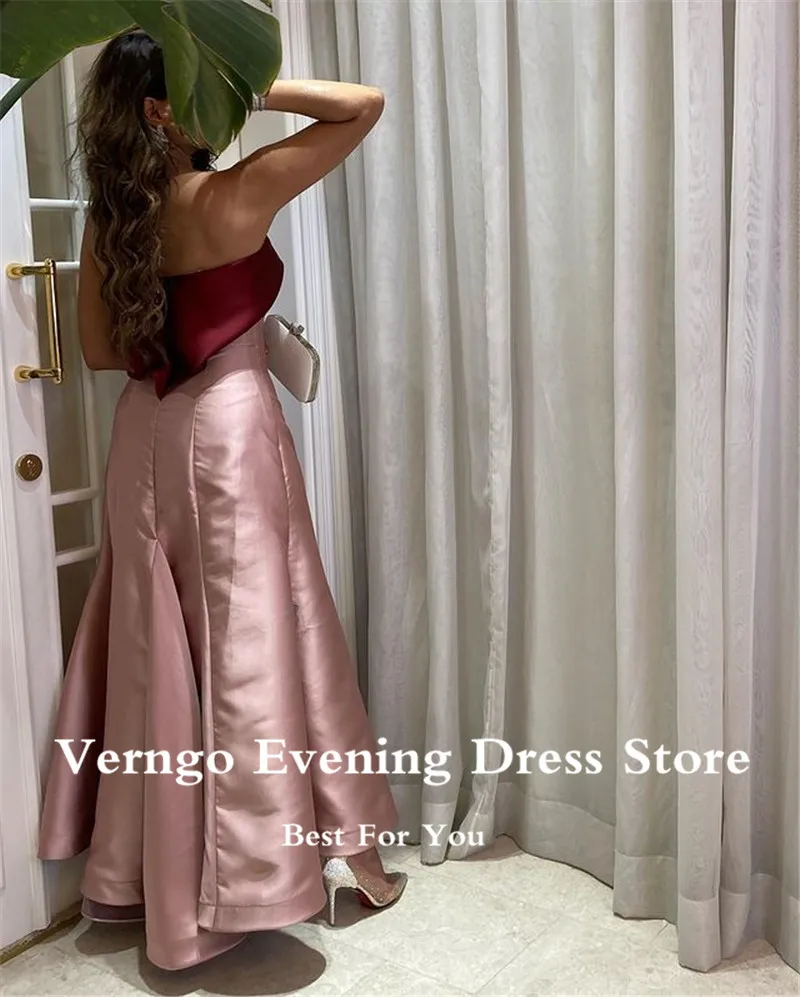 Verngo Blush Pink Satin Long Evening Dresses Ankle Length Strapless Simple Prom Dress Saudi Arabic Women Formal Party Dress