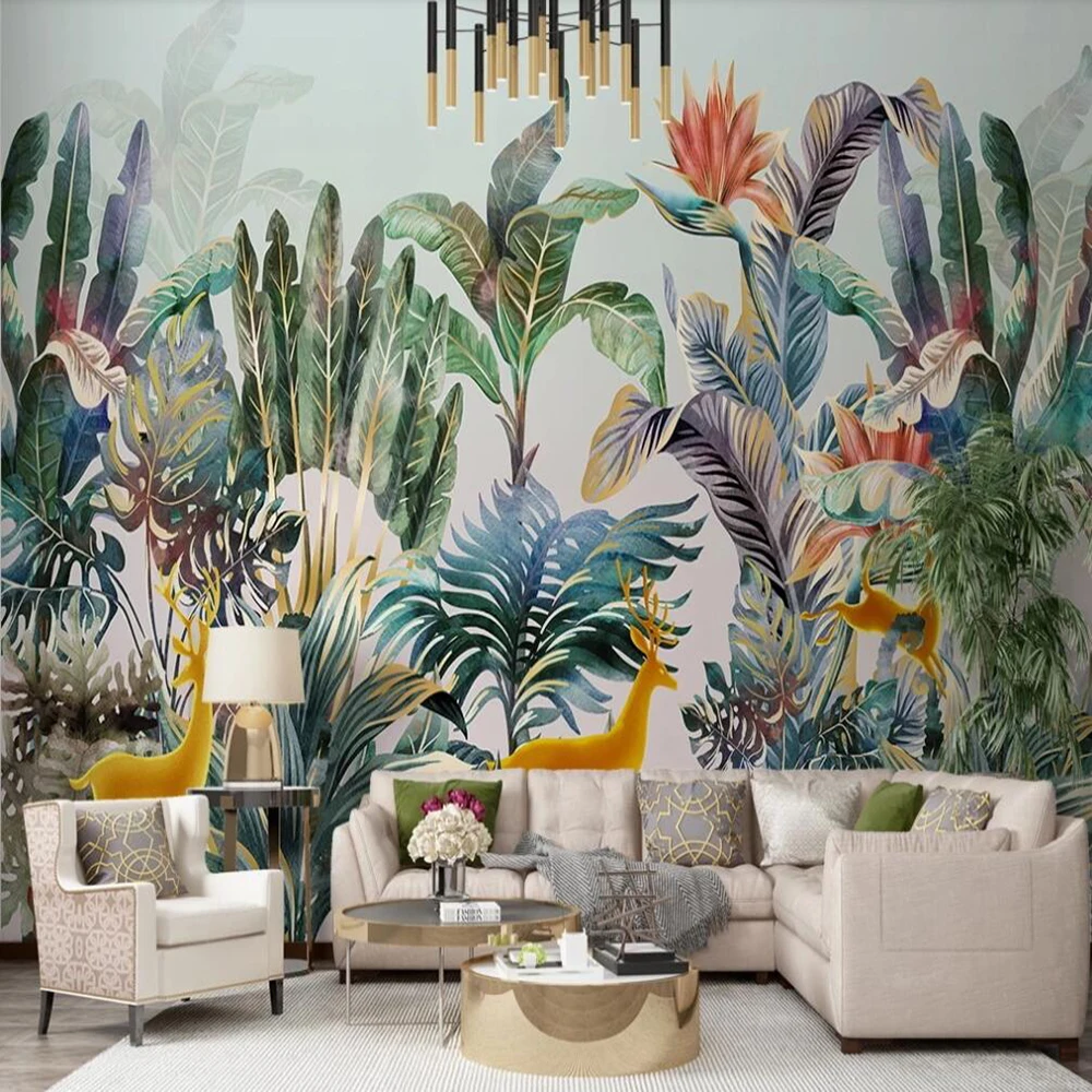 

Milofi custom 3D wallpaper mural hand-painted tropical plants elk light luxury small fresh background wall decoration wallpaper