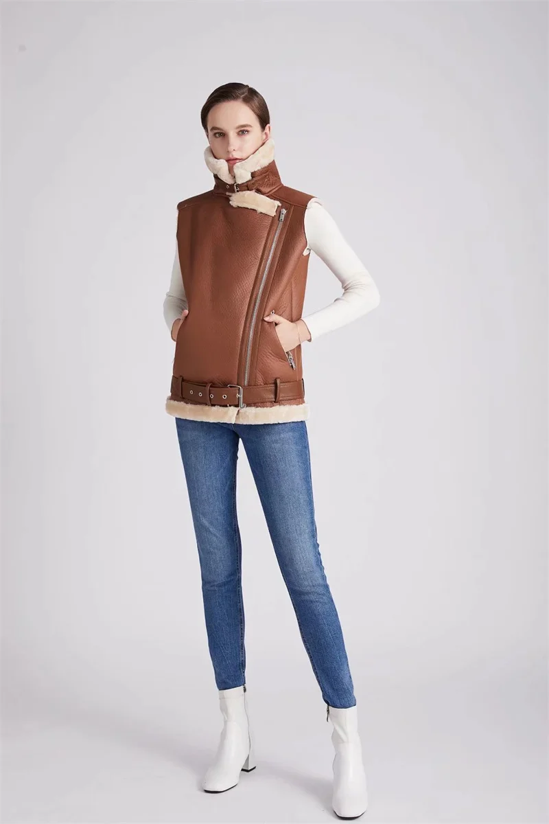 PUWD Slim giacca da donna in ecopelle con gilet in pelliccia inver2021 retro Streetwear cintura con fibbia moda Solid Warm Burrs Outwear Chic femminile