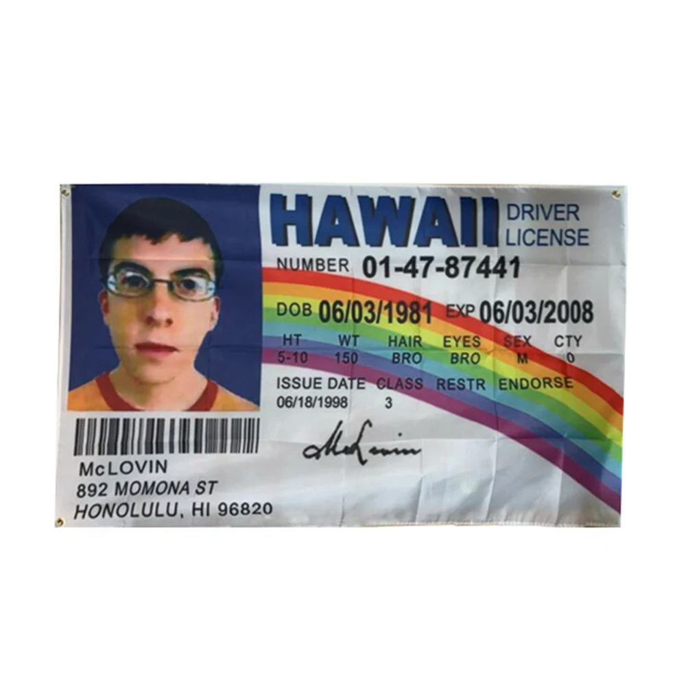 McLovin 하와이 운전 면허증 가짜 ID 플래그, 영화 소품, 실내 장식 배너, 대학 기숙사 방용 재미있는 깃발, 3x5 피트