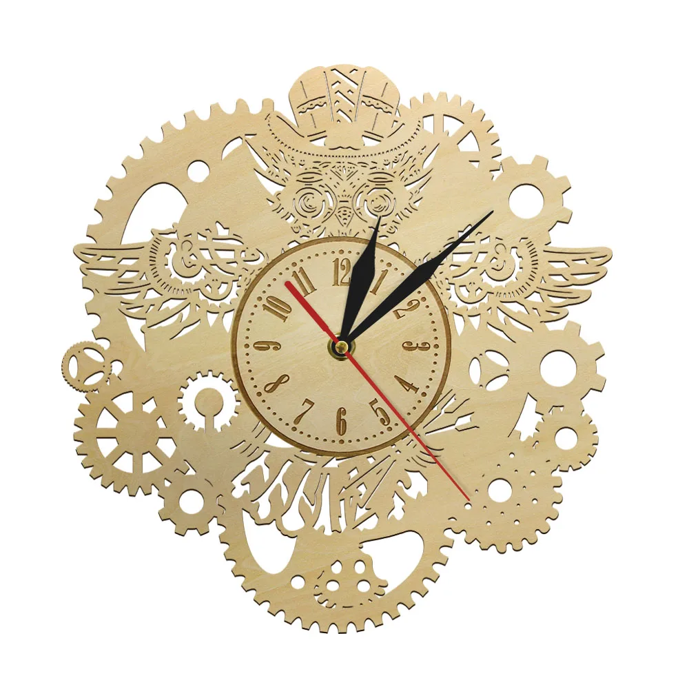 Skeleton Owl Gears And Cogs Wood Wall Clock Rustic Farmhouse Art Watch Eco Friendly Natural Wall Decor Steam-punk Lifestyle