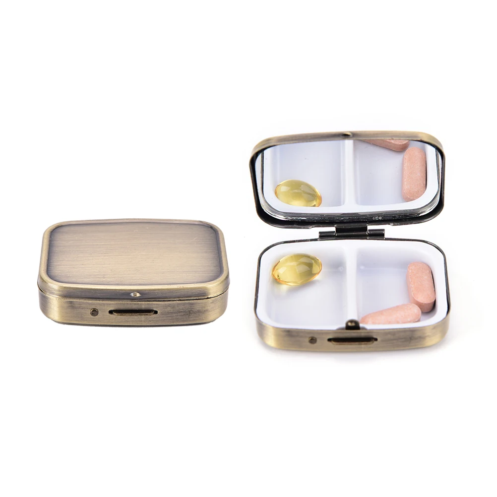 2 Grid Moistureproof Medicine Holder Pill Storage Box Bronze Metal Rectangle Waterproof Sterile Package Box 56*44*15mm