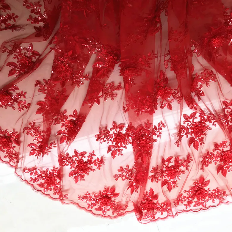 3D Sequin Flower Embroidery Lace Fabric, Dress Show Clothes, DIY Sewing, Black and Red, RS2469