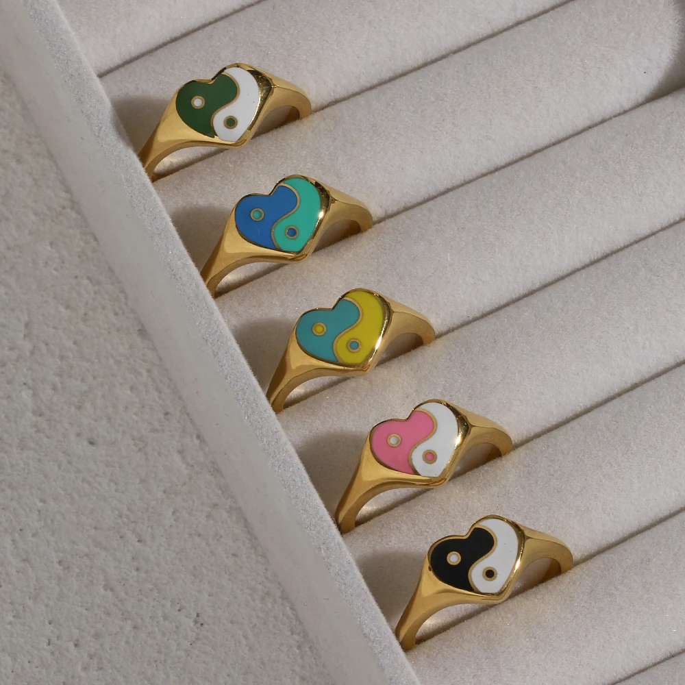 Water-resistant High Polishing18K Gold Plated Small Heart Ring Wholesale Jewelry Stainless Steel Yingyang Rings For Womem