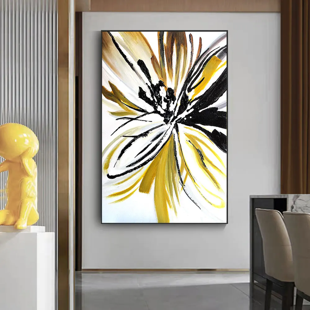 

100% Hand painted Oil Painting Gold Black Flower Canvas art Modern Abstract Big Size Oil Painting for Livingroom Home Decoration