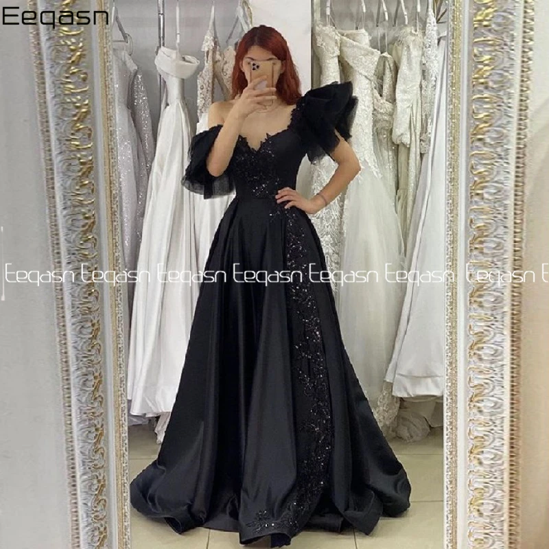 Black Customized Prom Dresses V Neck A Line Applique Lace Long Formal Evening Dress Turkish Islamic Robe De Soiree Party