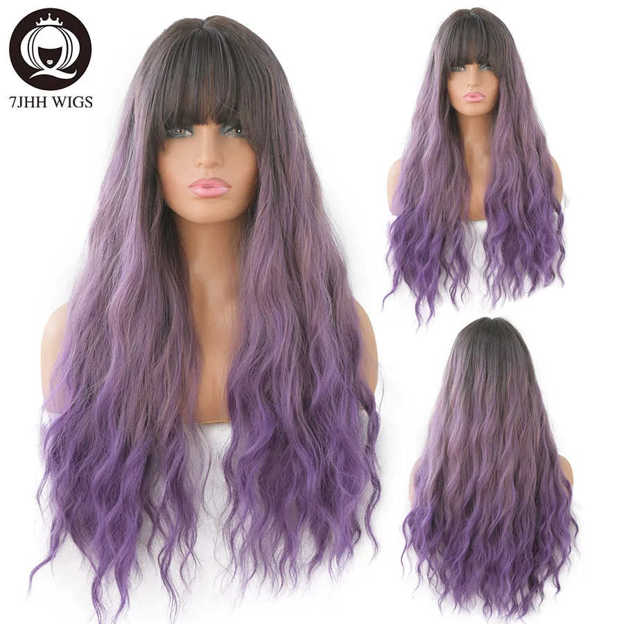 7JHH WIGS Harajuku สีชมพูสีน้ำตาล Lolita วิกผมยาว2สีที่สมจริงคอสเพลย์ Wigs กับ Bangs สำหรับผู้หญิงวิกผมลอนลอนผม