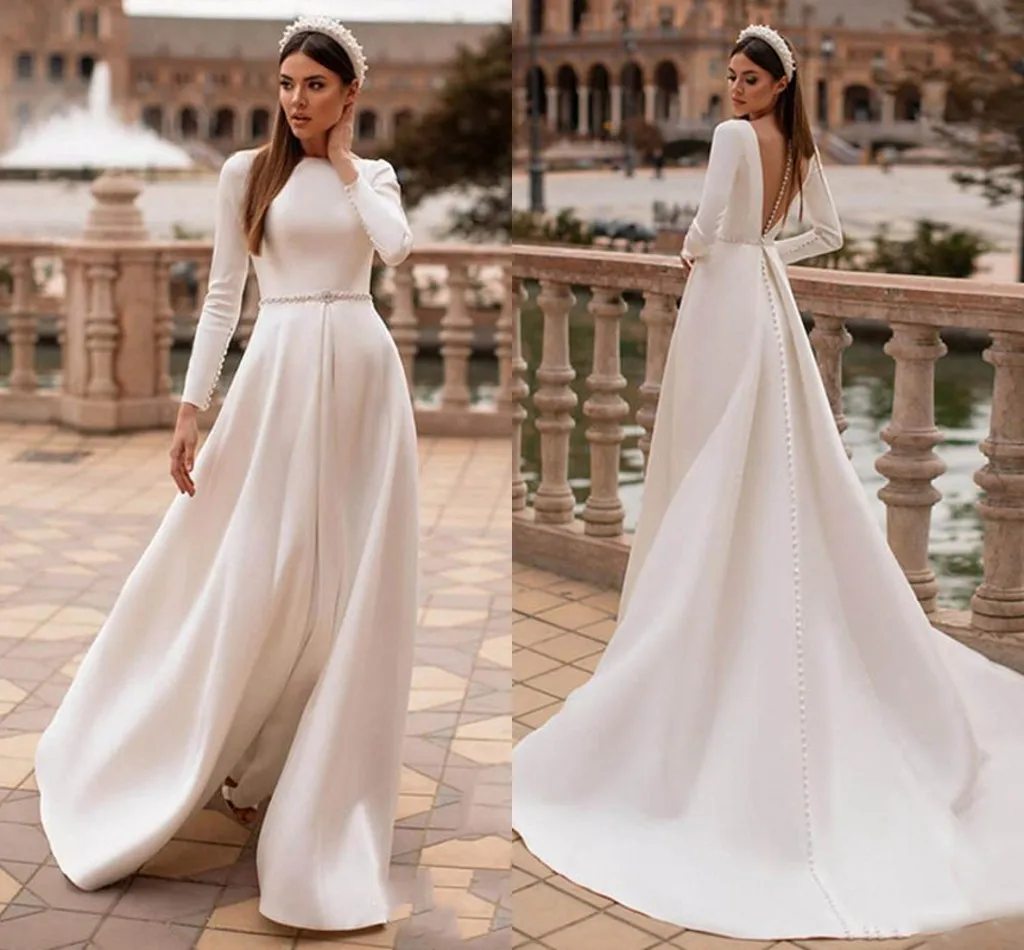 Robe De mariée élégante en Satin doux, manches longues, ligne A, effet d'illusion dans le dos, offre spéciale, 2021