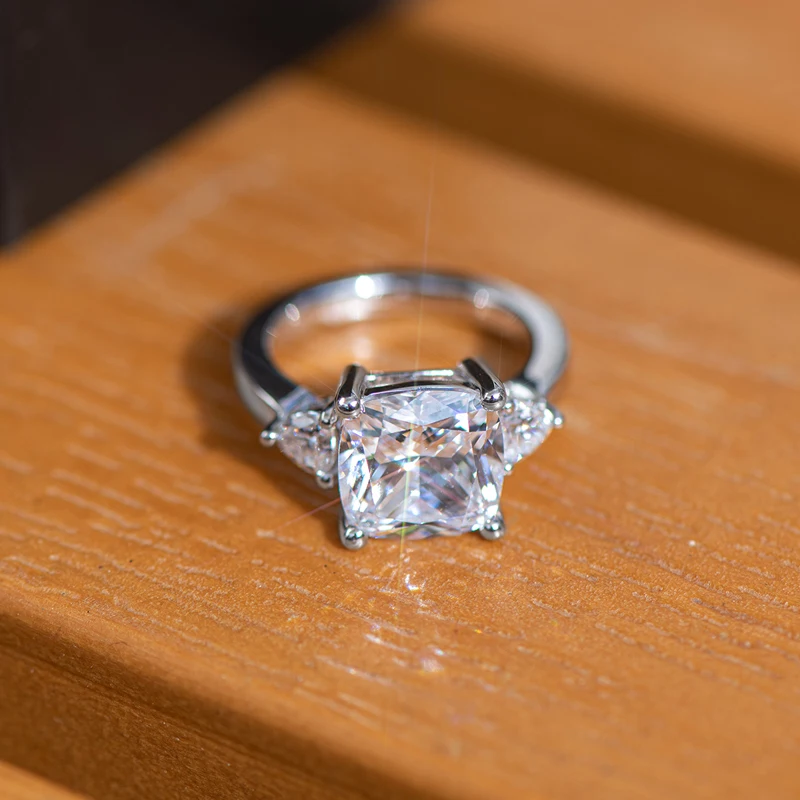 Anziw 5 Carat Cushion Cut Engagement Rings for Women 925 Sterling Silver 3-Stone Anniversary Wedding Ring