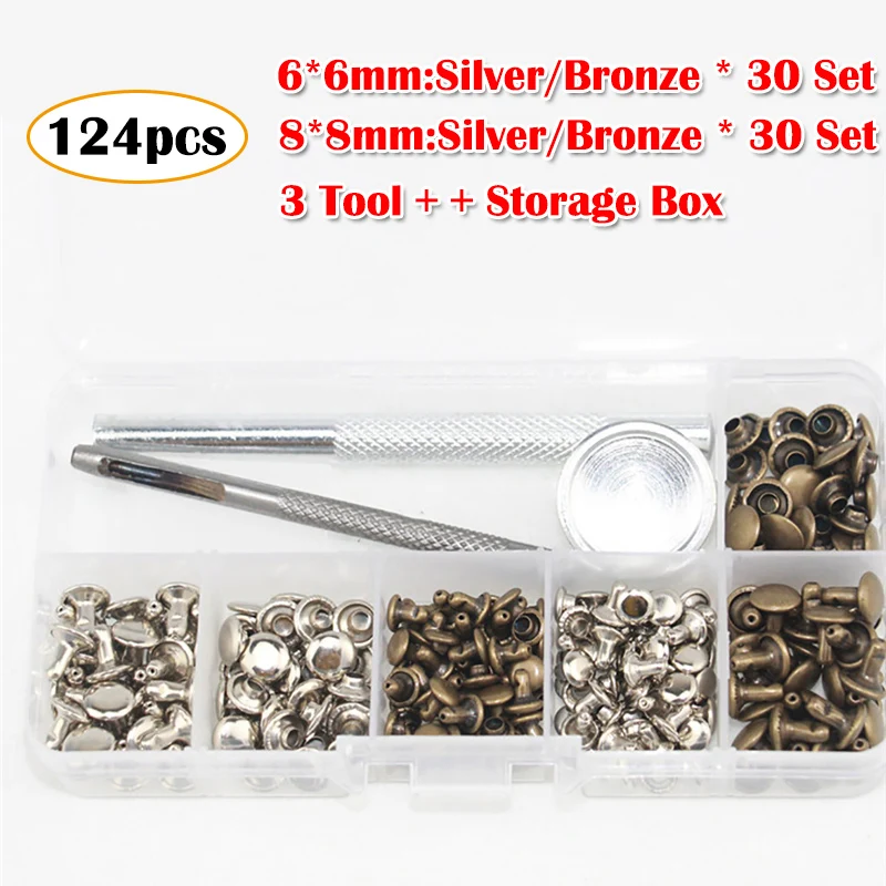 124pcs DIY Leather Craft Accessoires 120pcs 6mm/8mm Leather Double-Sided Rivet Button Snap Fasteners +3 FixingTool + Storage Box