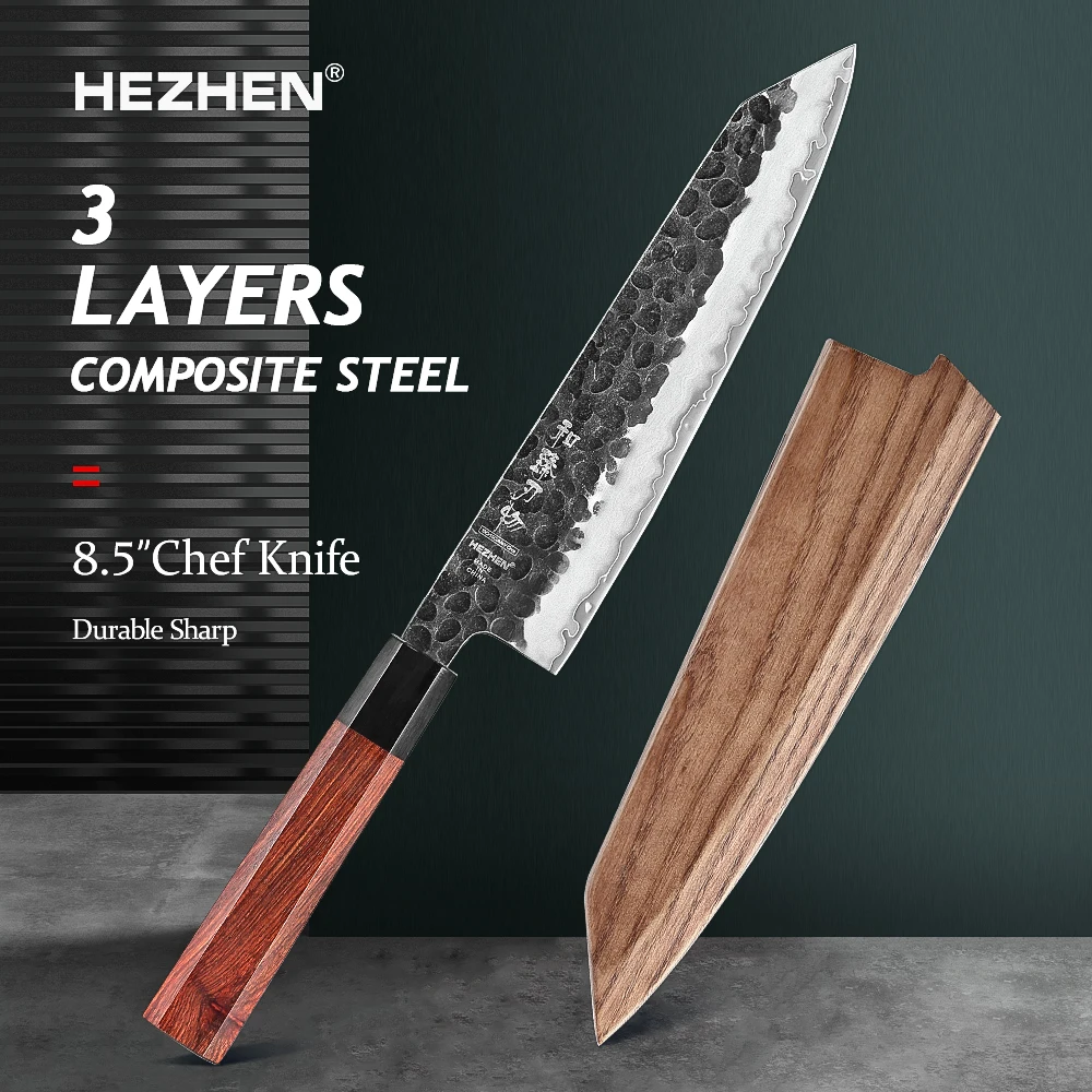 

HEZHEN 8.3 Inch Chef Knife 3 Layers Clad Steel 10Cr15CoMov Composite Stainless Steel Kitchen tools Cooking Knives