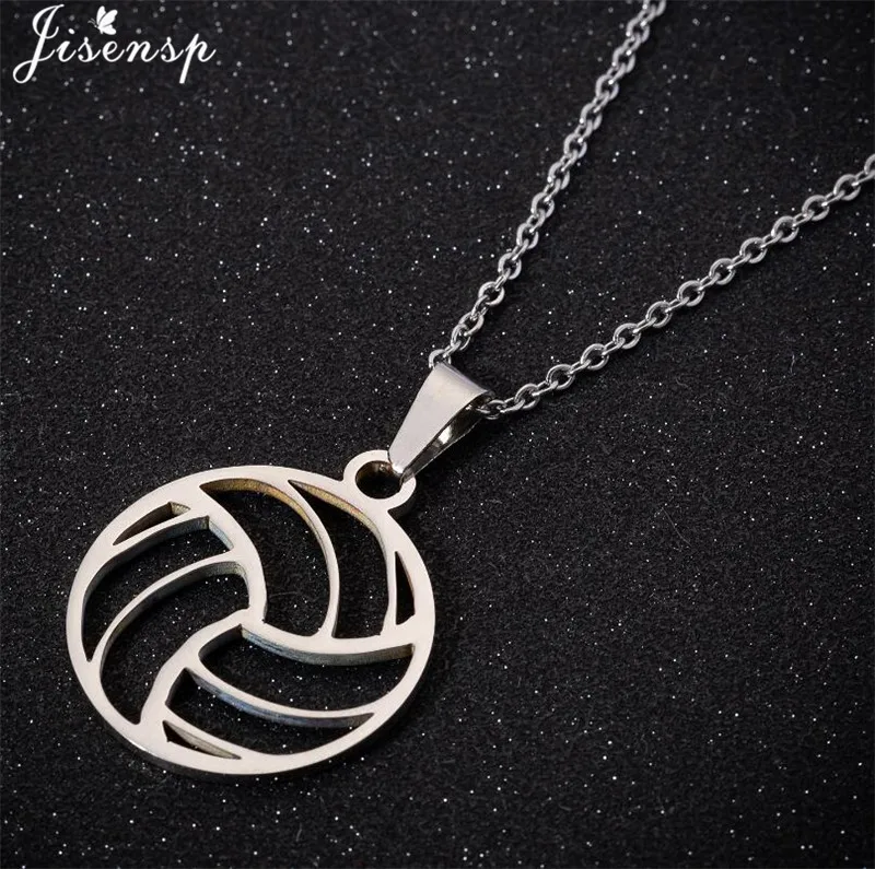 Jisensp Trendy Silver Color Volleyball Necklace Charm Women Link Chain Round Pendants Necklaces Men Jewelry Sports Jewelry Gifts