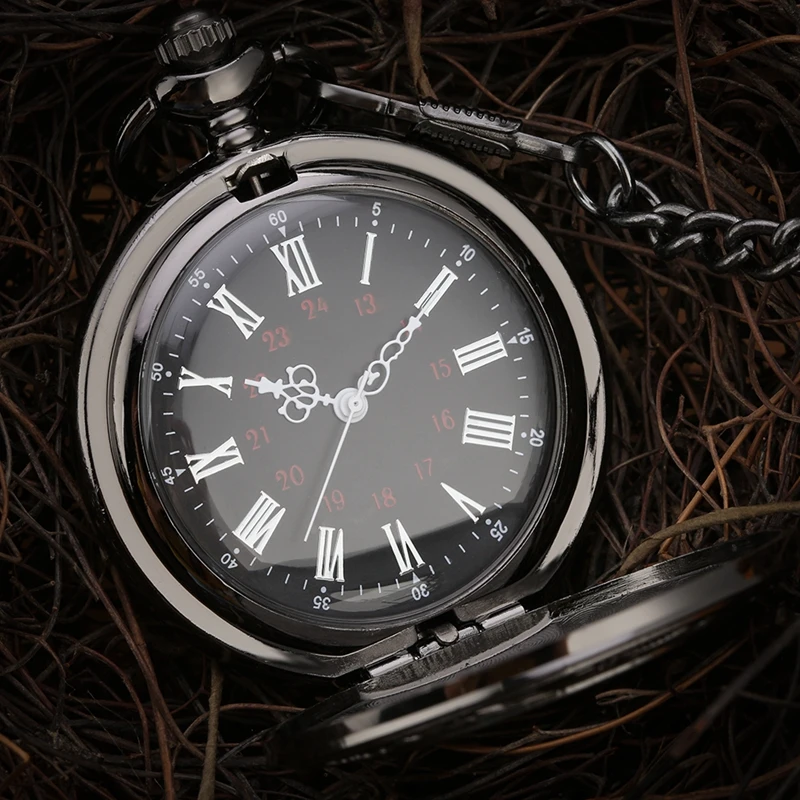 Czarne cyfry rzymskie zegarek kieszonkowy kwarcowy mężczyźni kobiety czarny puste etui Steampunk Vintage naszyjnik najlepsze prezenty dla kobiet mężczyzn