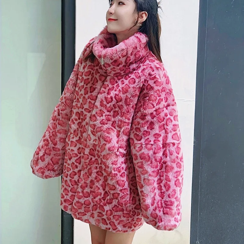 Winter Women Real Rex Rabbit Leopard Fur Coats With stand-up collar Natural  Rex Rabbit Short Fur jacket 2021