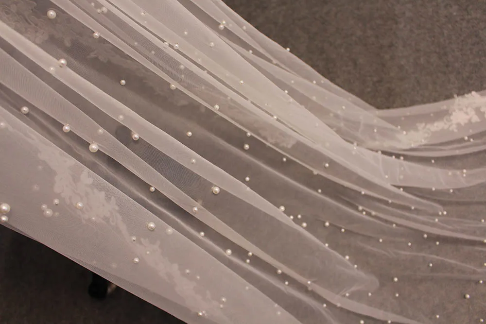 Pearls Wedding Veil with Lace 2 Layers Cover Face Pearls Bridal Veil 3.5 Meters Long Veil with Blusher Wedding Accessories