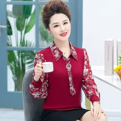 Women Spring Floral Blouse Elegant Chiffon Patchwork Thin Sweater Shirt Female Turn-Down Collar Knitwear Tops