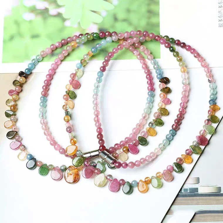 Natural Colorful Tourmaline Crystal Necklace Clear Bead Gemstone 3-10mm Tourmaline Women Men Tourmaline Water Drop AAAAA