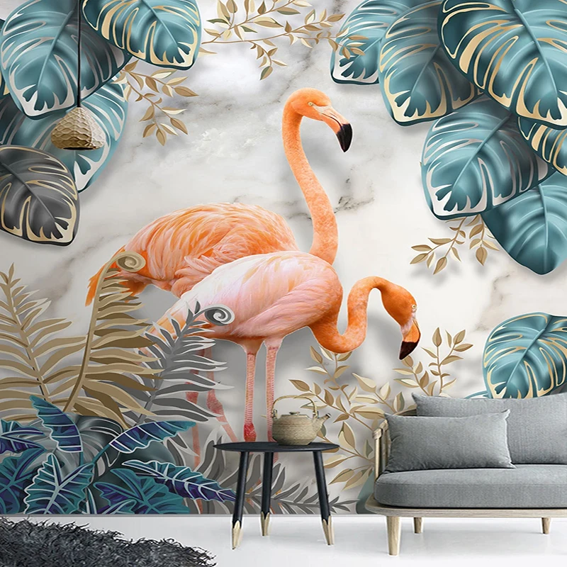 Custom 3D Mural Wallpaper European Style Tropical Plant Leaf Flamingo Wall Painting Living Room Bedroom Entrance Home Decoration