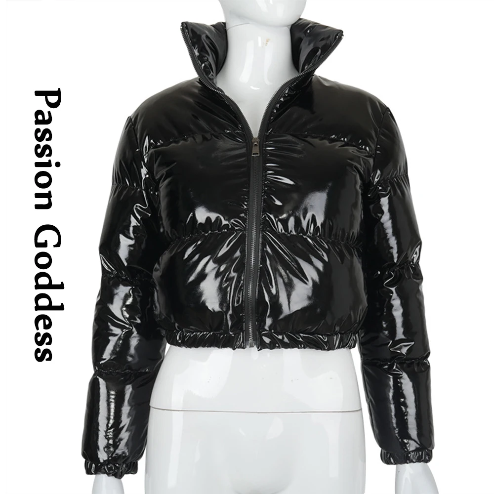 Winter Party Women Bright PU Red Puffer Jackets Warm Puffly Bubble Coats Shiny Black Leather Cropped Jackets Zipper Parkas Down