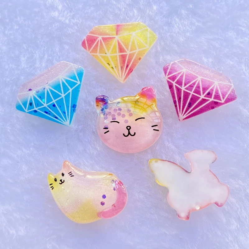 반짝이는 고양이 유니콘 플랫백 카보숑 스크랩북, 수지 믹스, 카와이 DIY 장식 액세서리, C75, 10 개