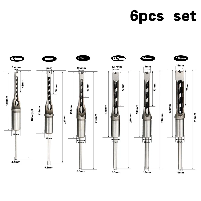 6PCS HSS Punte da trapano elicoidali Coclea quadrata Mortasatrice Scalpello Set di punte Foro quadrato Kit di strumenti per trapano per la lavorazione del legno Set Sega estesa BH01