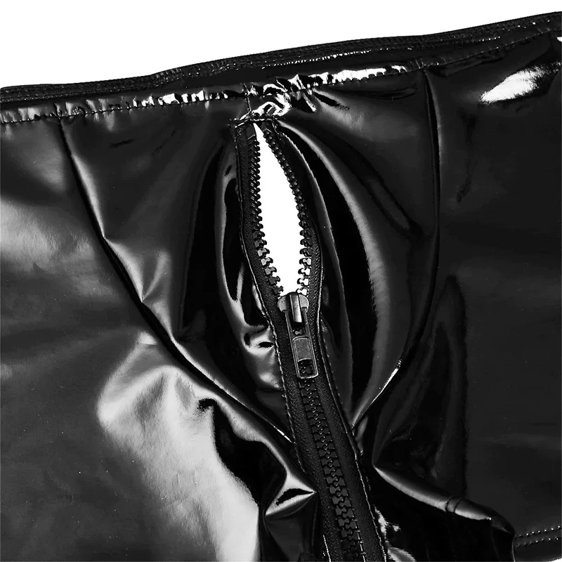 Mens Sexy Open Crotch Leather Short Pants For Sex Zipper Crotchless Shiny Patent Leather Fetish Boxer Erotic Hot Porn Pants Sexi