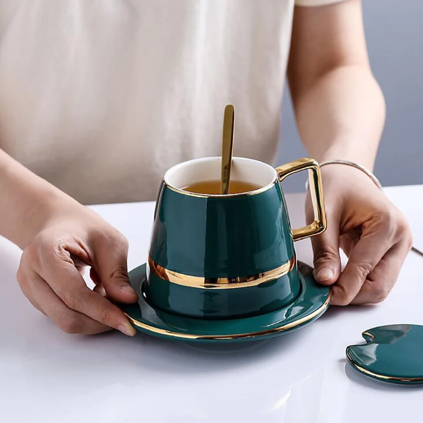 Gold Trim Green Porcelain Coffee Cups with Saucer, Lid, Mixing Spoon, for Drinks, Latte, Cafe Mocha Cappuccino and Tea - 450ml