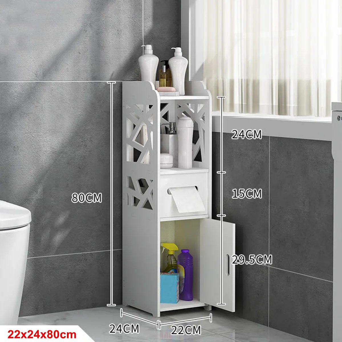 Bathroom Storage Corner Floor Standing Cabinet with Doors and Shelves Thin Toilet Vanity Cabinet Narrow Bath Sink Organizer