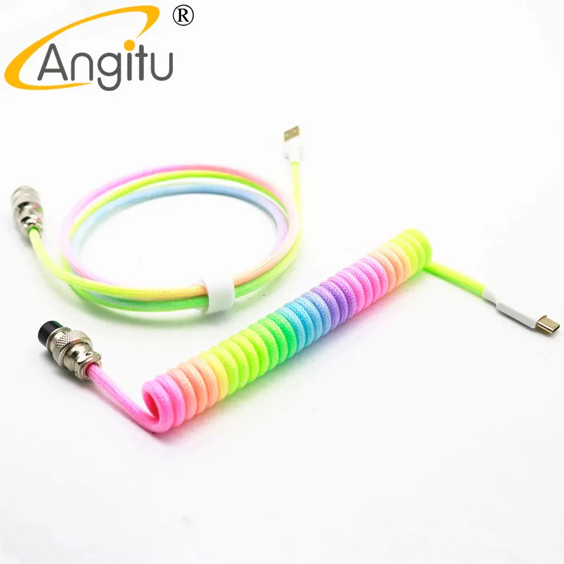 Angitu هاندميك قوس قزح ملفوف لوحة المفاتيح الميكانيكية نوع C لفائف كابل دوامة USB-نوع C كابل بيانات مع GX16 الطيار
