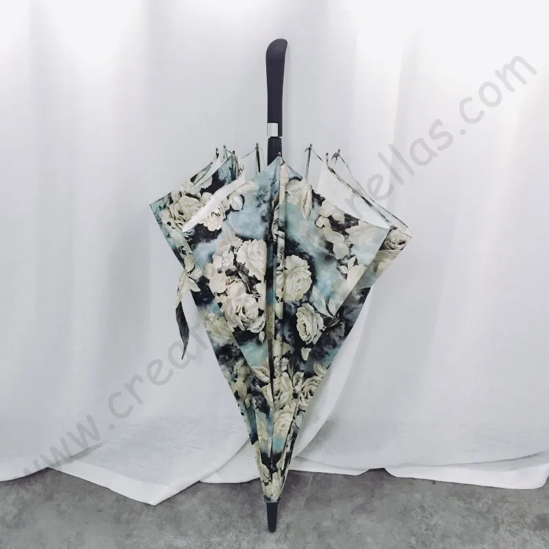 Assorted long-handle golden hook rose flower umbrella anti-thunder fiberglass windproof  anti-uv silver coating parasol