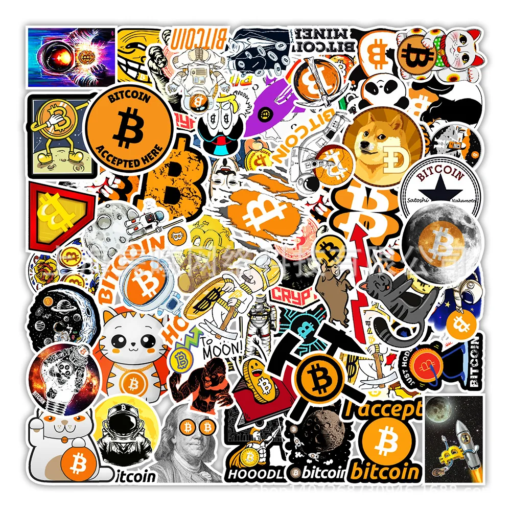 50pcs/pack Funny Bitcoin/Dogecoin Commemorative coin Stickers For Motorcycle Notebook Computer Car Children\'s Toys Decal