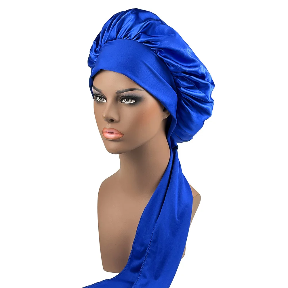 Women Satin Bonnet Spandex Wide Stretchy Band Long Tail Bonnet Satin Cheveux Nuit Silk Sleeping Night Cap Bonnets for Women