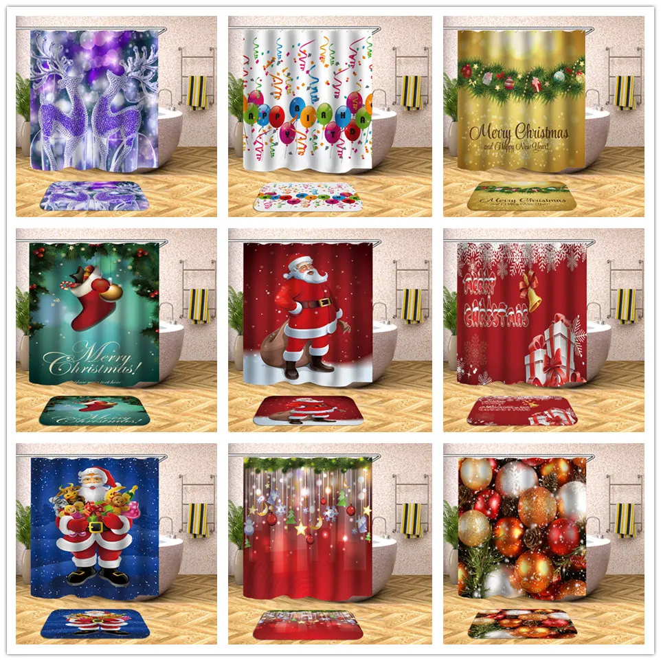 

Christmas Pattern Shower Curtain Polyester Waterproof Bathroom Curtains With Hook Xmas Home Shop Decor Curtain Bath Accessories