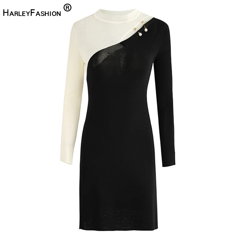 

HarleyFashion Fall Spring Top Quality Wool Blend Luxury Casual Knitted Sheath Short Women Pullovers Dress