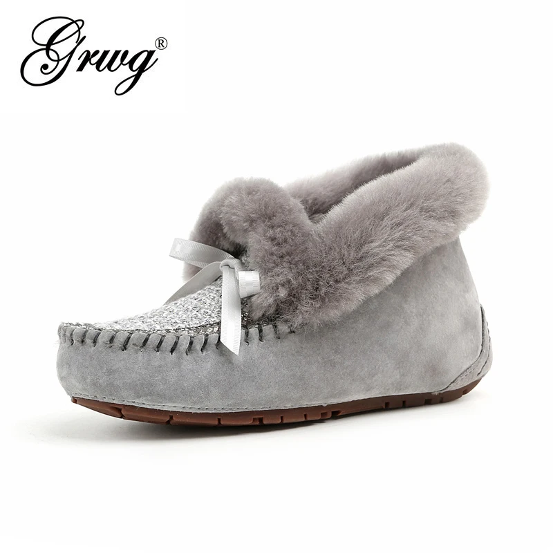 

GRWG 100% Real Wool Women Flat Shoes Comfortable Winter Warm Genuine Leather Waterproof Snow Shoes Fashion Non-Slip Women Shoes