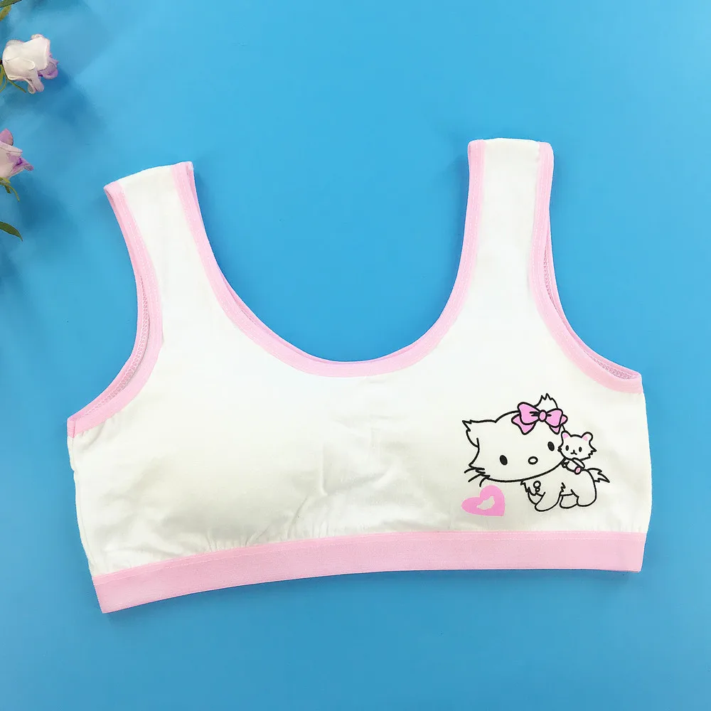 Girls Sports Vest Style Wireless Bra Card Cute Cartoon Cat Student Girl Developmental Bra Underwear 8-16 Years Old Training Bra