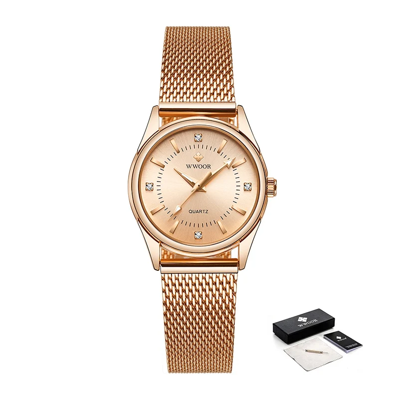 WWOOR-reloj de cuarzo con diamantes de lujo para mujer, pulsera pequeña de oro rosa, regalos, 2024